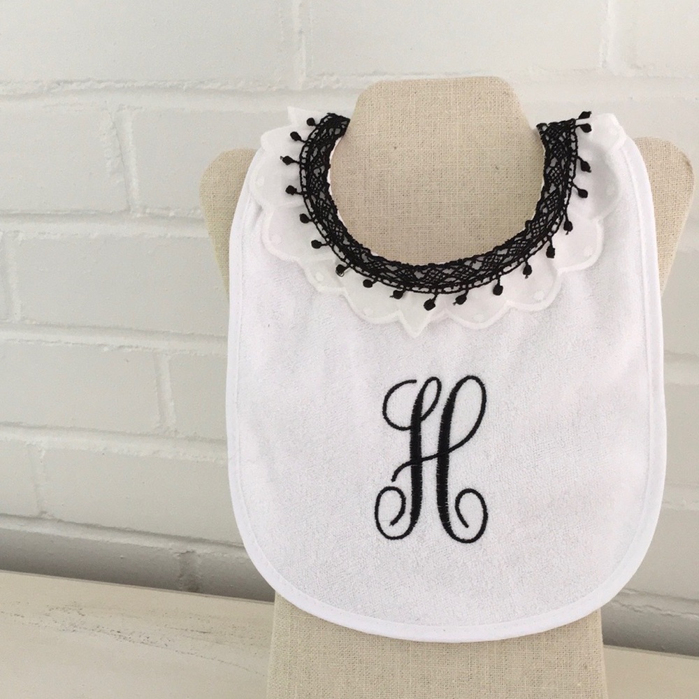 Embroidered “H” White Terrycloth Personalized Brand New Girl Bib Baby Gift